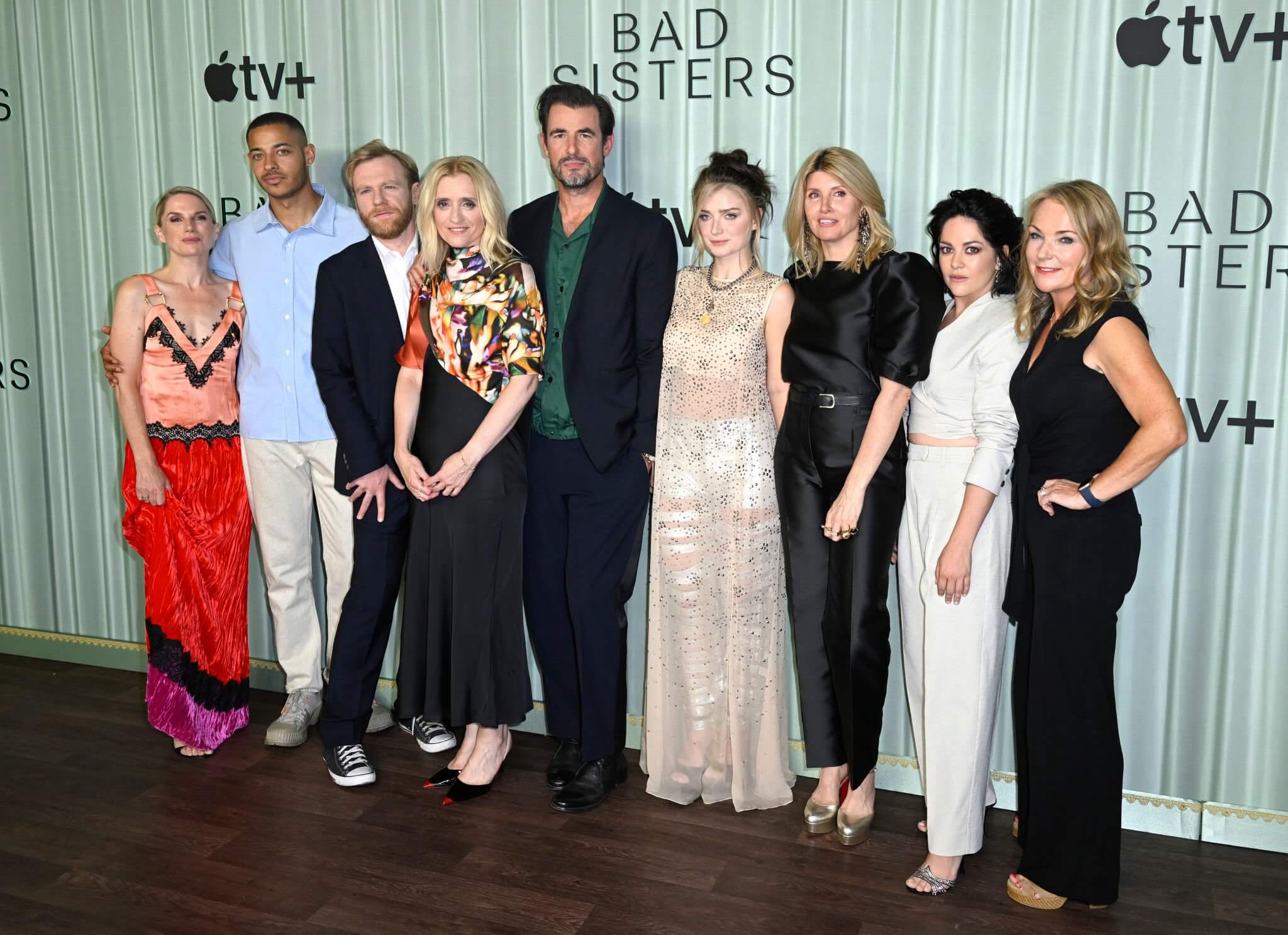 (L-R) Eva Birthistle, Daryl McCormack, Brian Gleeson, Anne-Marie Duff, Claes Bang, Eve Hewson, Sharon Horgan, Sarah Greene, Eva Birthistle and Jay Hunt attend the Bad Sisters London Premiere at BFI Southbank on August 18, 2022 in London, England.