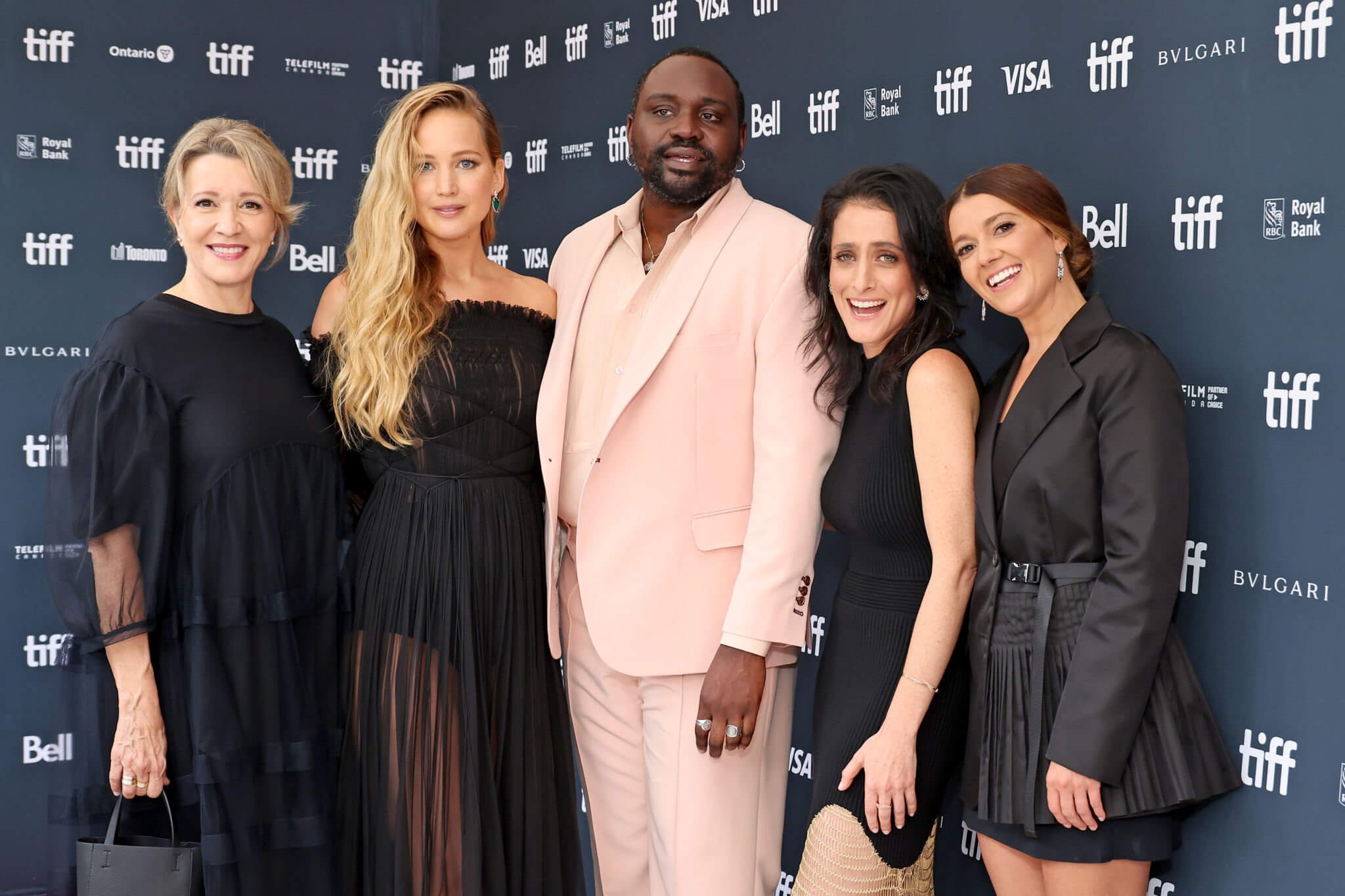 (L-R) Linda Emond, Jennifer Lawrence, Brian Tyree Henry, Lila Neugebauer and Justine Ciarrocchi attend the "Causeway" Premiere during the 2022 Toronto International Film Festival at Royal Alexandra Theatre on September 10, 2022 in Toronto, Ontario. 