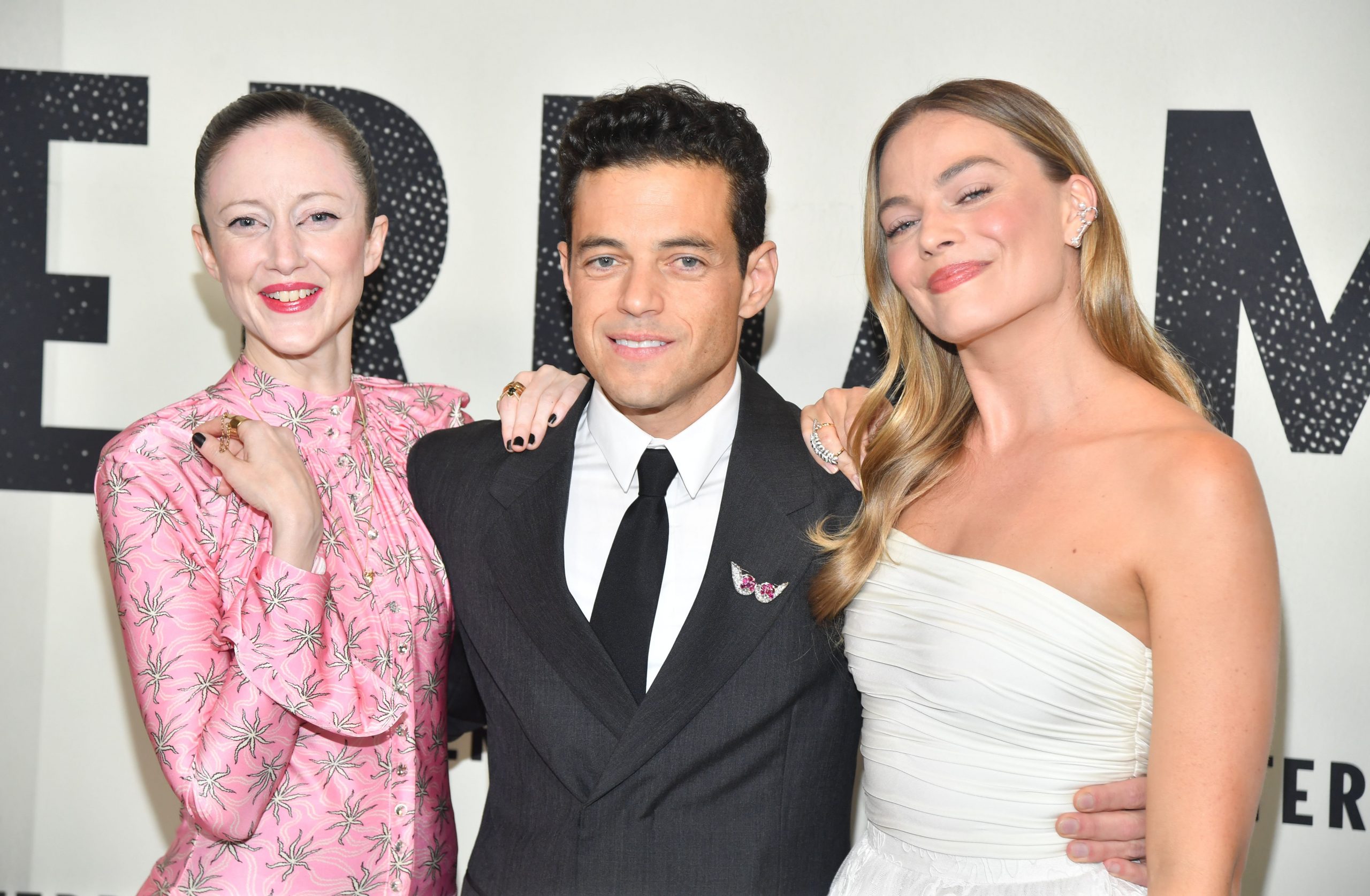 (L-R) Andrea Riseborough, Rami Malek, and Margot Robbie attend the 'Amsterdam' World Premiere at Alice Tully Hall on September 18, 2022 in New York City.