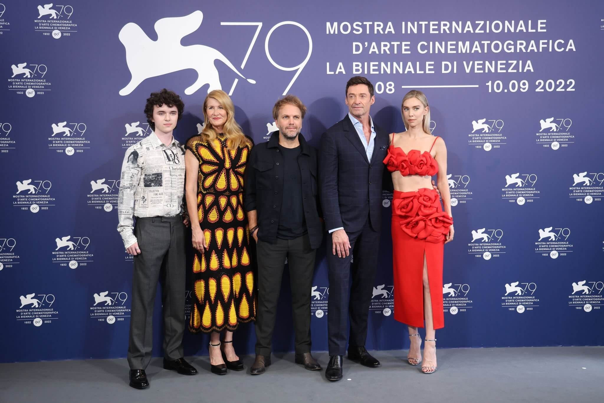 (L-R) Zen McGrath, Laura Dern, director Florian Zeller, Hugh Jackman and Vanessa Kirby attend the photocall for "The Son" at the 79th Venice International Film Festival on September 07, 2022 in Venice, Italy.