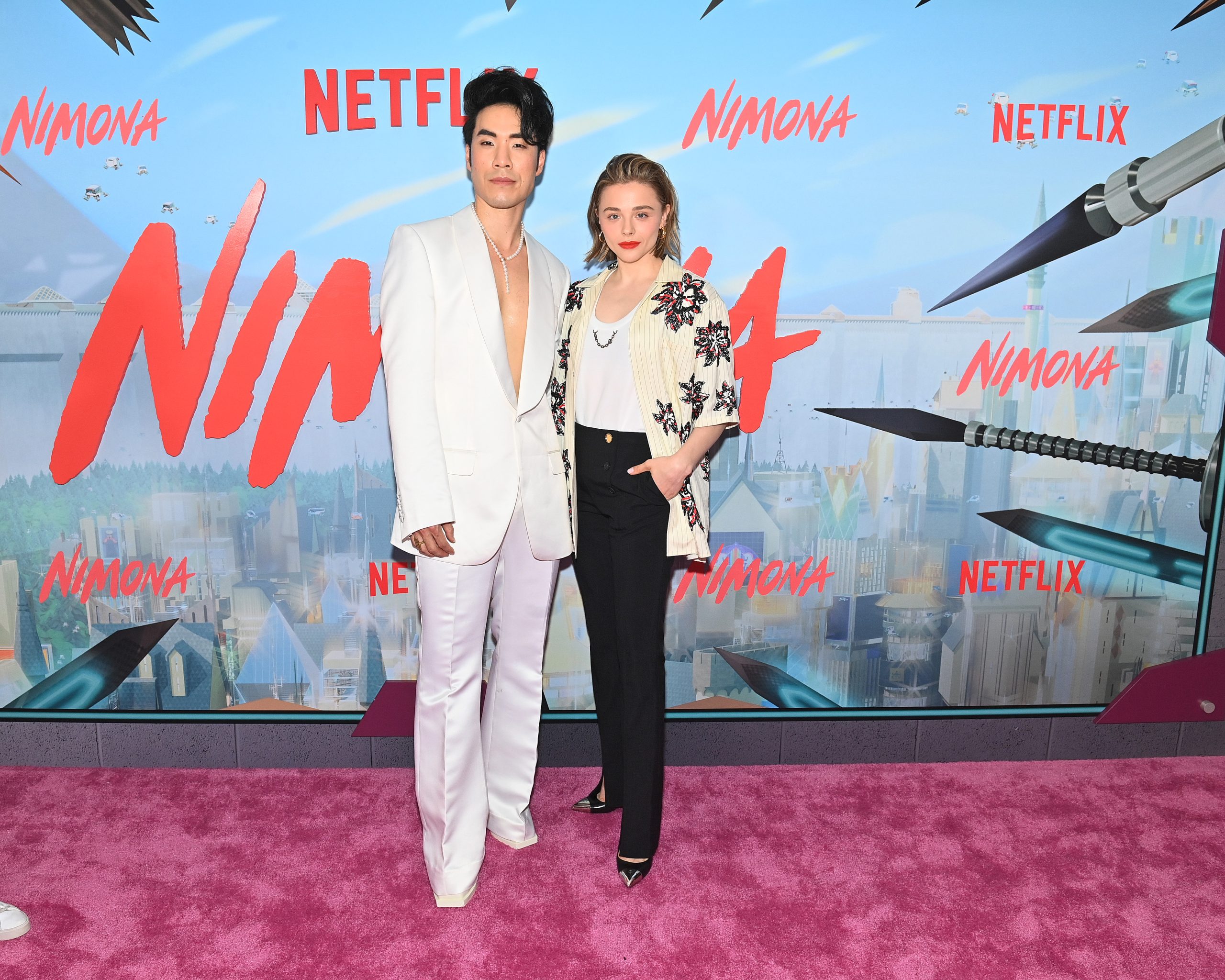 Eugene Lee Yang and  Chloë Grace Moretz attend NIMONA NY Special Screening at AMC Lincoln Square Theater on June 24, 2023 in New York City.