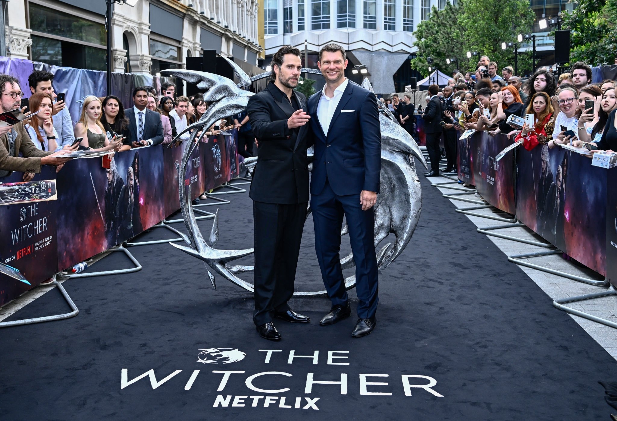 Henry Cavill and Wolfgang Stegemann attend the UK Premiere of "The Witcher" Season 3 at Outernet London on June 28, 2023 in London, England. 