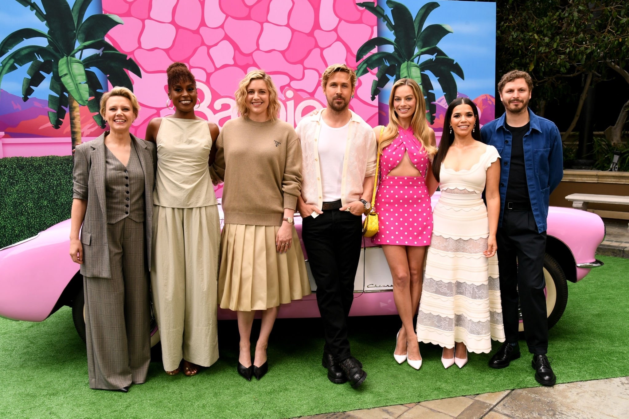 (L-R) Kate McKinnon, Issa Rae, Greta Gerwig, Ryan Gosling, Margot Robbie, America Ferrera and Michael Cera attend the press junket and photo call for "Barbie" at Four Seasons Hotel Los Angeles at Beverly Hills on June 25, 2023 in Los Angeles, California. 
