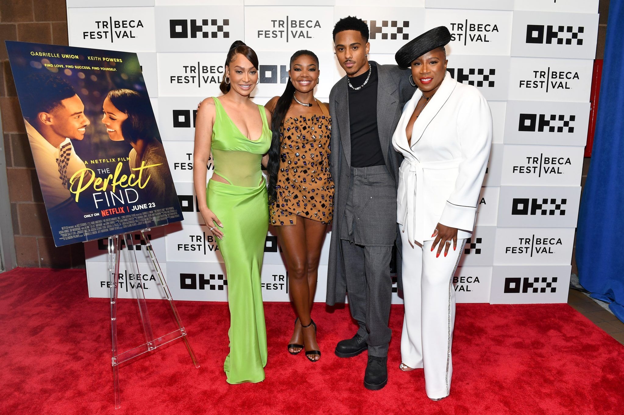 (L-R) La La Anthony, Gabrielle Union, Keith Powers, and Aisha Hinds attend The Perfect Find World Premiere at Tribeca Film Festival at BMCC Tribeca Center of Performing Arts on June 14, 2023 in