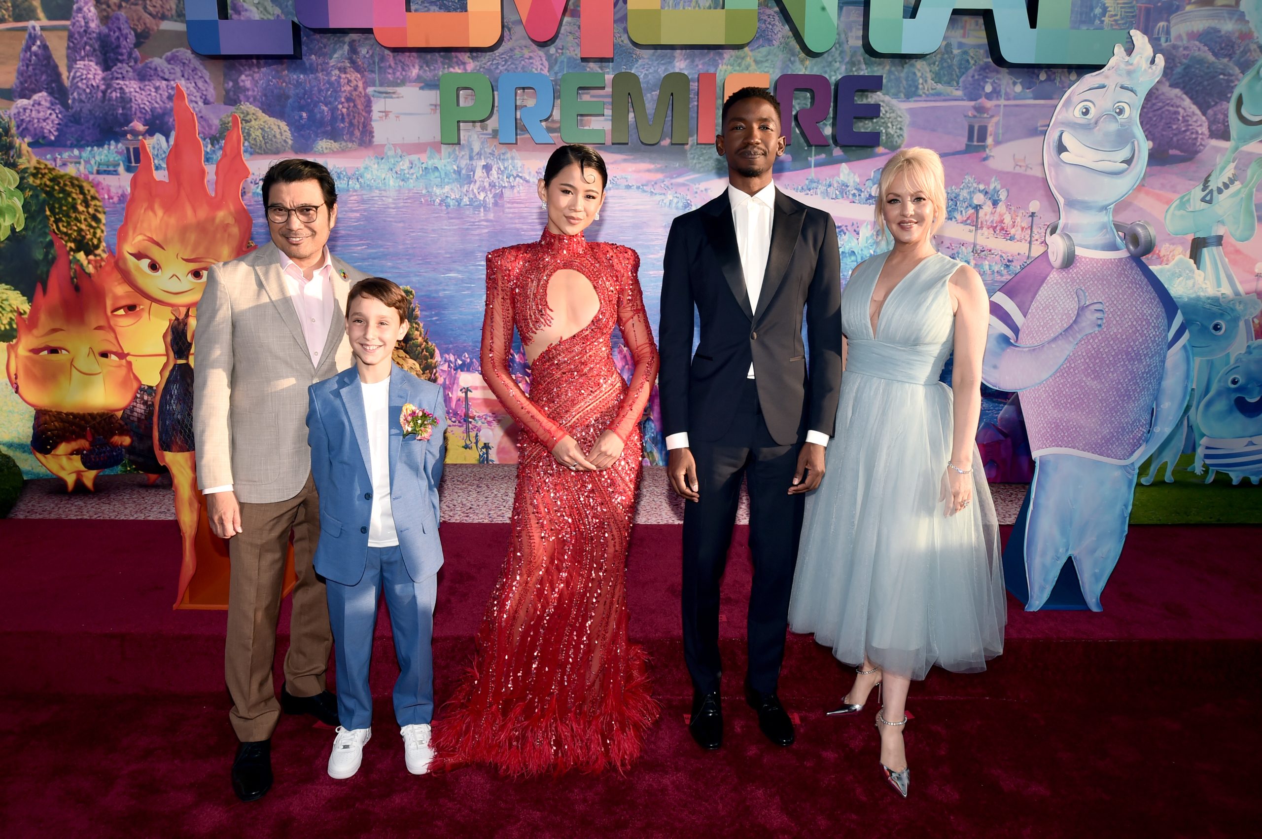 World Premiere For Disney And Pixar's Feature Film "Elemental": (L-R) Ronnie del Carmen, Mason Wertheimer, Leah Lewis, Mamoudou Athie and Wendi McLendon-Covey attend the World Premiere of Disney and Pixar's feature film "Elemental" at Academy Museum of Motion Pictures in Los Angeles, California on June 08, 2023. 