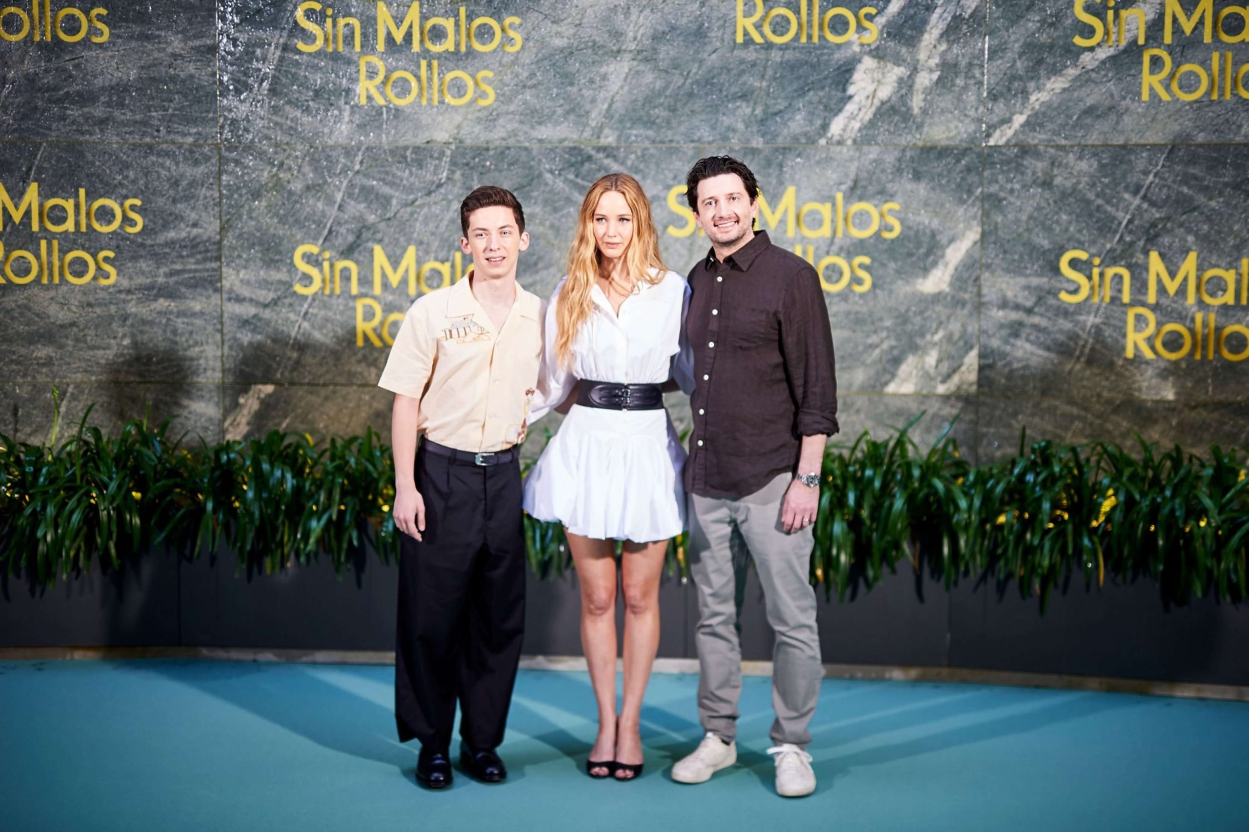 (L-R) Andrew Feldman, Jennifer Lawrence and Gene Stupnitsky attend the "Sin Malos Rollos" photocall at Hotel Four Seasons on June 14, 2023 in Madrid, Spain.