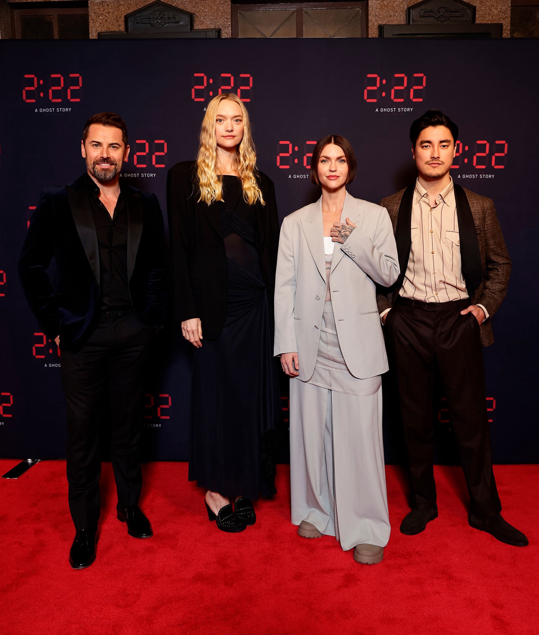 (L-R) Daniel MacPherson, Gemma Ward, Ruby Rose and Remy Hii attend the opening night of "2:22 - A Ghost Story" at Her Majesty's Theatre on July 28, 2023 in Melbourne, Australia. 