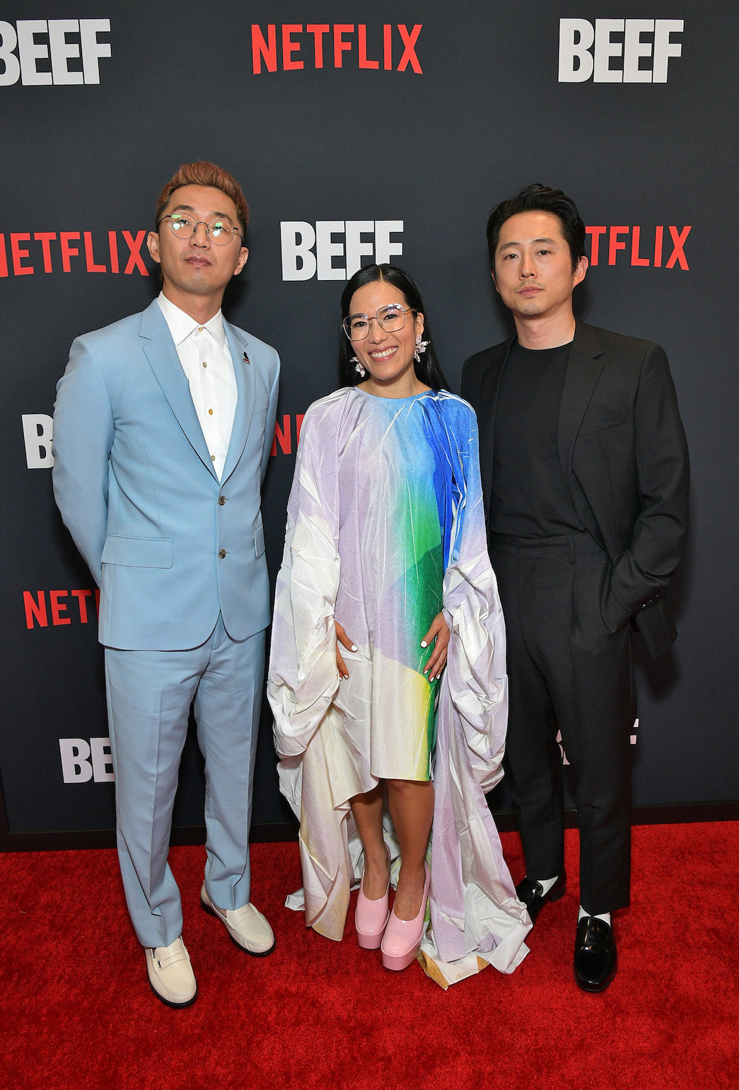 Lee Sung Jin, Ali Wong and Steven Yeun at the Los Angeles Premiere of Netflix's "BEEF" on March 30, 2023 in Hollywood, California.