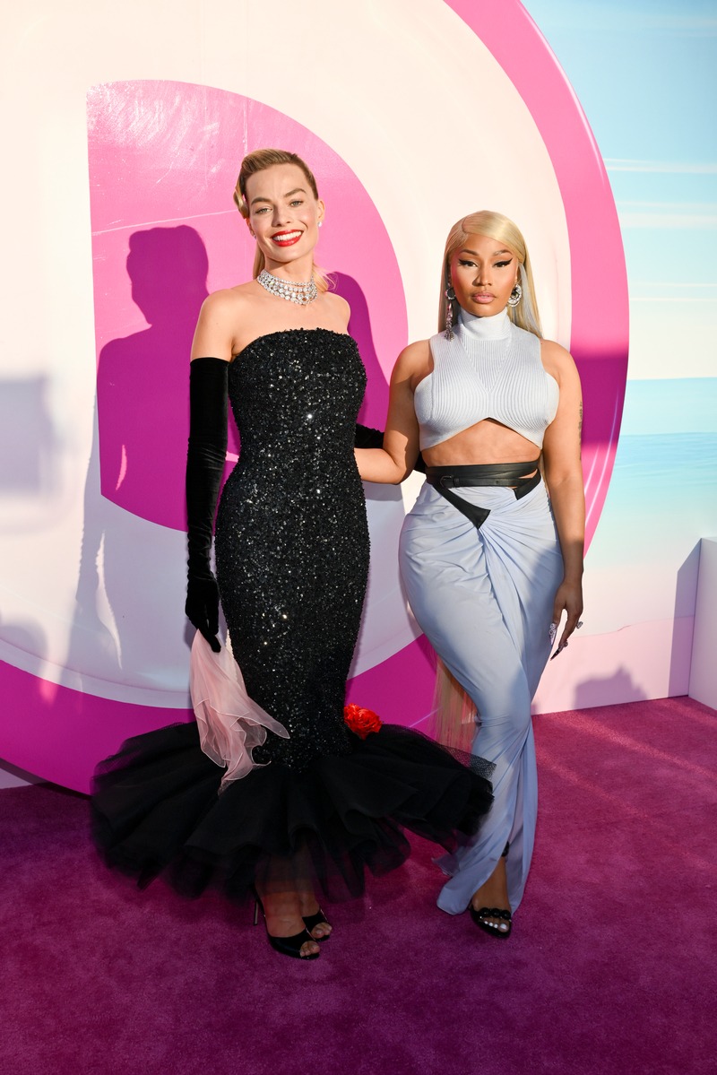 Margot Robbie and Nicki Minaj at the premiere of "Barbie" held at Shrine Auditorium and Expo Hall on July 9, 2023 in Los Angeles, California.