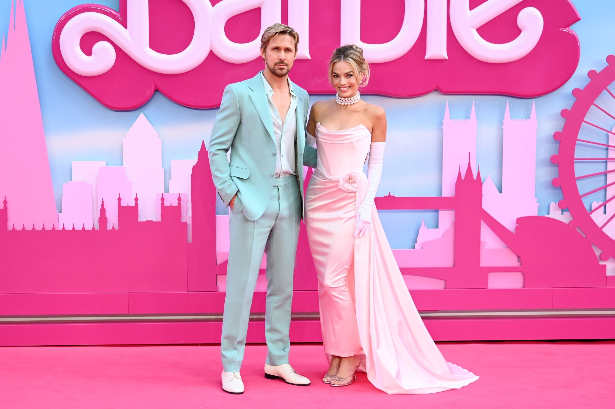 Margot Robbie and Ryan Gosling at the "Barbie" London Premiere on July 12, 2023 in London, England.